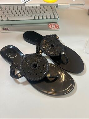 Jack Rogers Black Braided Jelly Thong Sandals with Medallion 8